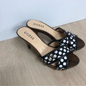 Guess Black White Polka Dot Wood Pinup Retro Style Heels Size 8